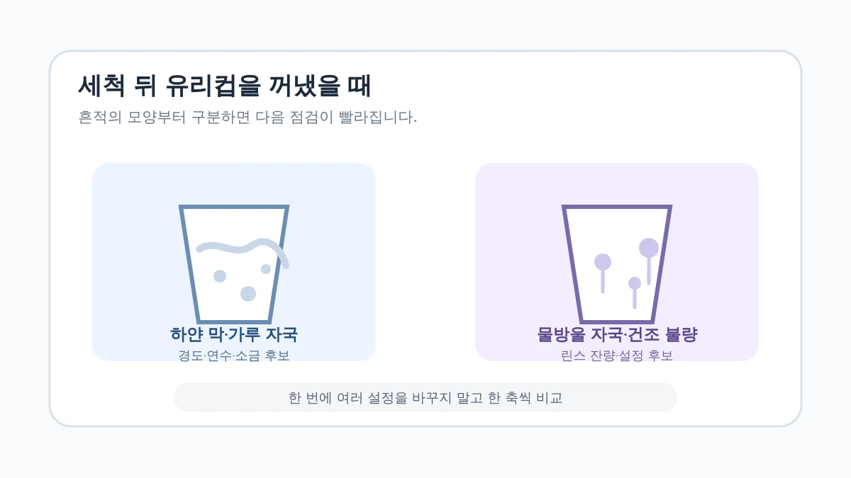 흰 미네랄 막과 투명한 물자국을 접시·유리컵 상태로 구분하는 주방 장면