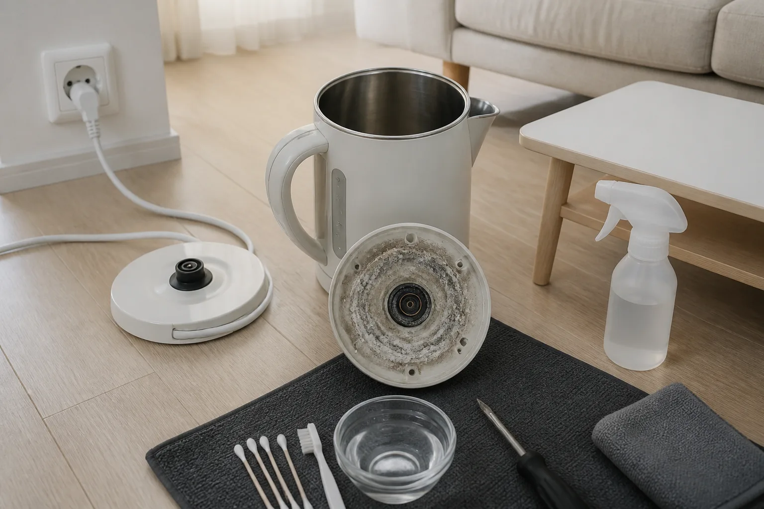 흰 침전물과 금속 손상 가능성을 먼저 나누는 전기포트 일러스트