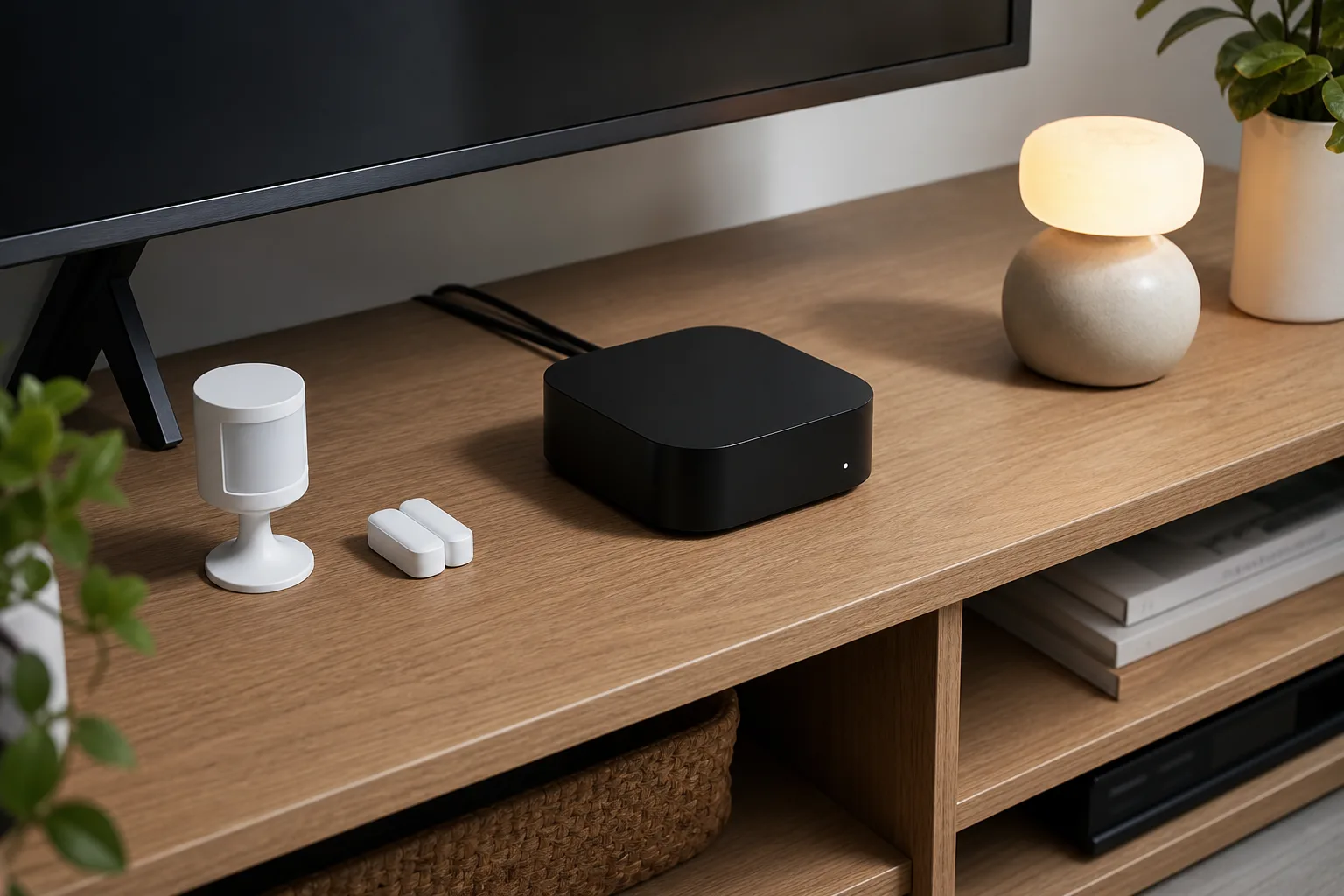 거실 미디어 선반에 Apple TV 4K 스타일 허브와 스마트홈 센서를 함께 둔 예시