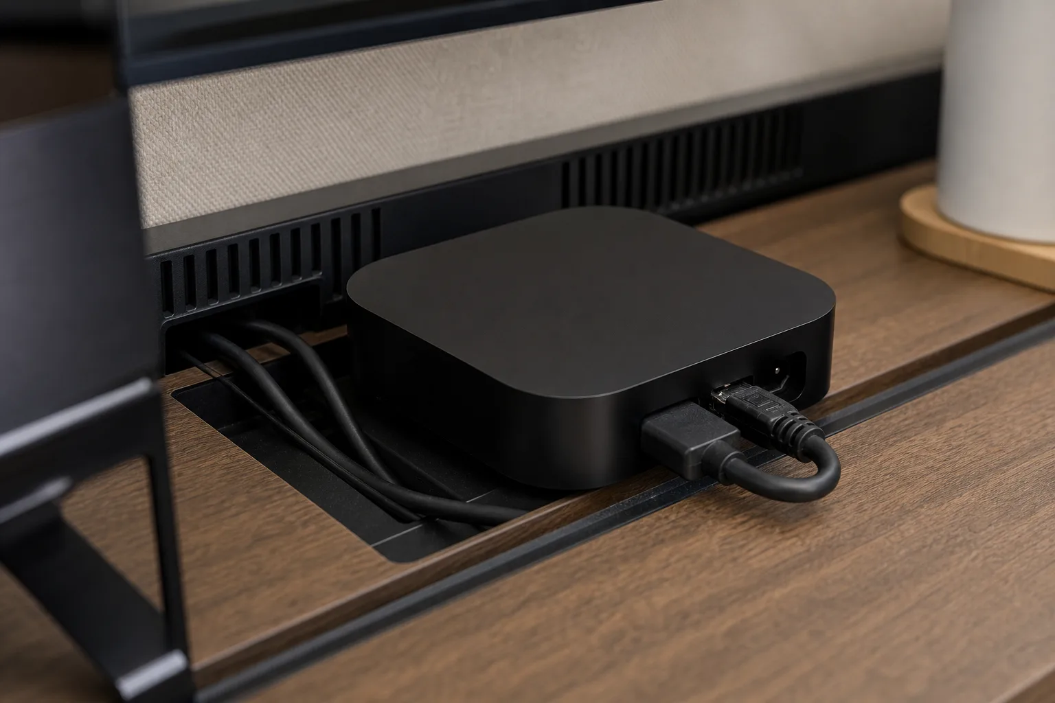 Apple TV 4K 스타일 허브의 후면 케이블 여유와 설치 상세 이미지