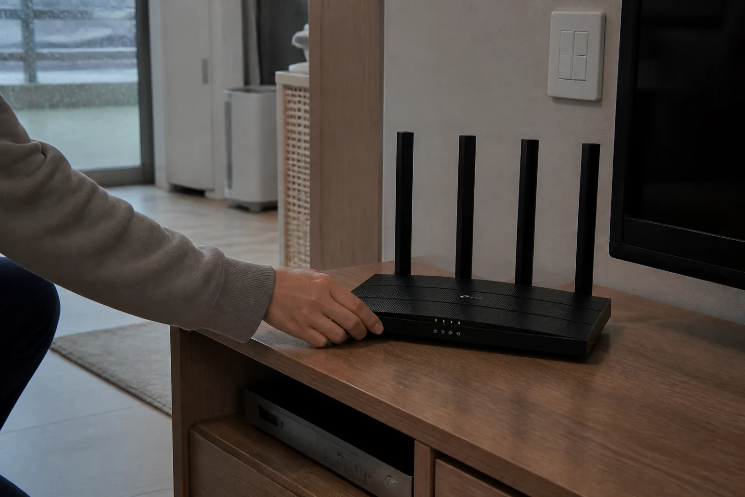 ipTIME A604SE 리뷰: 100Mbps 회선과 작은 집에 맞는 3만원대 Wi-Fi 5 후보: 성인의 손과 팔이 보이는 아파트 생활 사용 장면