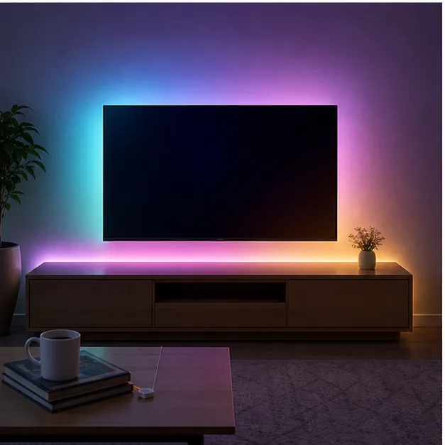TV 뒤 간접조명처럼 설치한 LED 스트립 예시