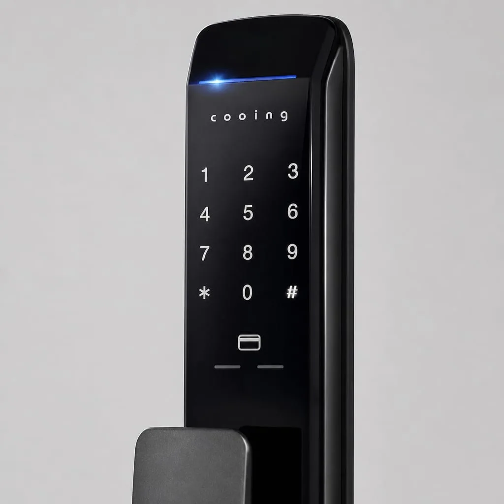 쿠잉 도어락 터치 번호키와 RFID 카드 인식부 근접