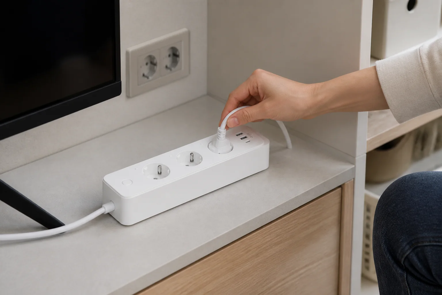 TP-Link Tapo P300M: 성인의 손과 팔이 보이는 아파트 생활 사용 장면