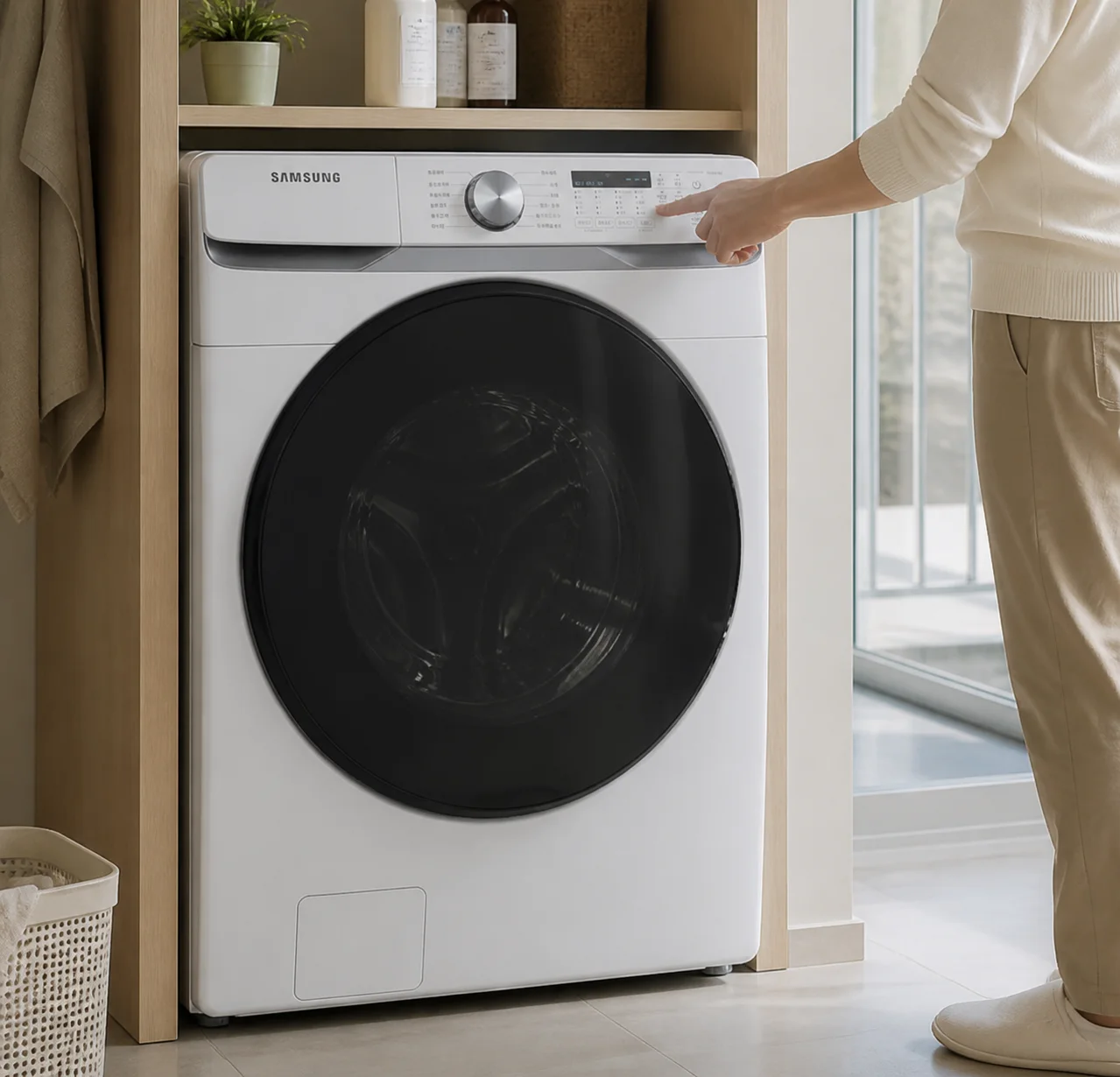 삼성 그랑데 WF19T6000KW: 성인의 손과 팔이 보이는 아파트 생활 사용 장면